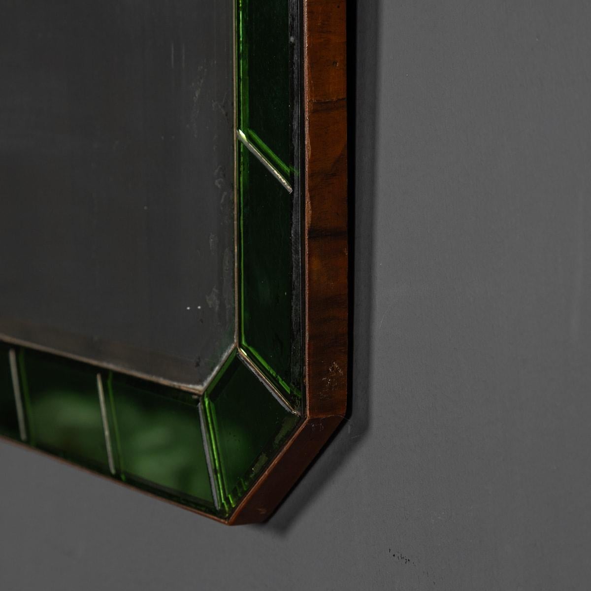 Antique 20th Century Art Deco Mirror With Green Glass & Brass Surround c.1930 4