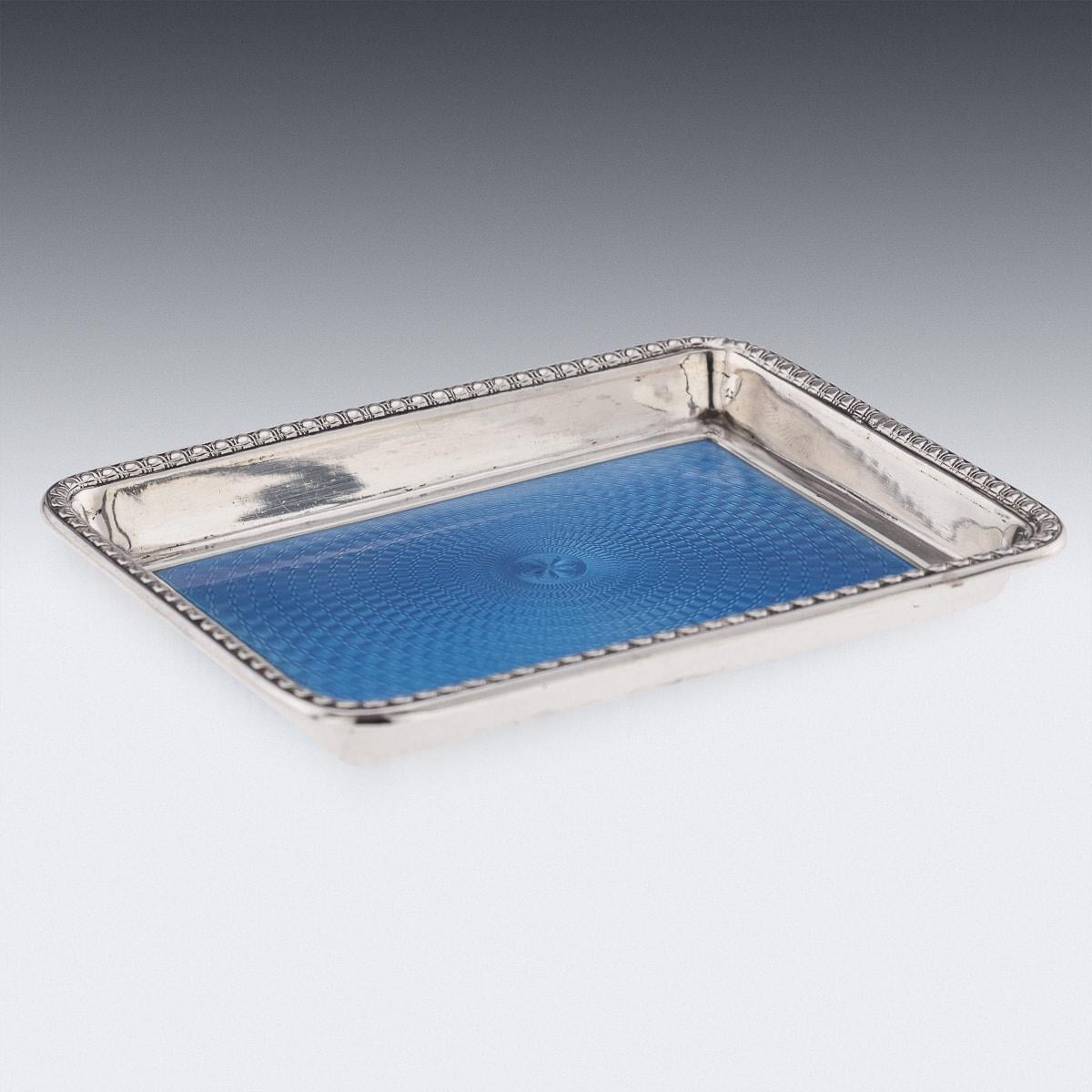 Antique early 20th Century Art Deco solid silver & guilloche enamel rectangular tray. Hallmarked English silver (925 standard), London, year 1919 (d), Maker William Walker. New Bond St.

CONDITION
In Great Condition - Wear expected with age. Please