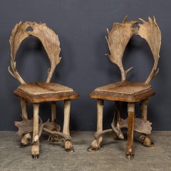 Antique 20th Century Austrian Pair Of Deer Antler Hall Chairs c.1900