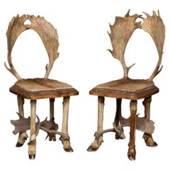 Antique 20th Century Austrian Pair Of Deer Antler Hall Chairs c.1900