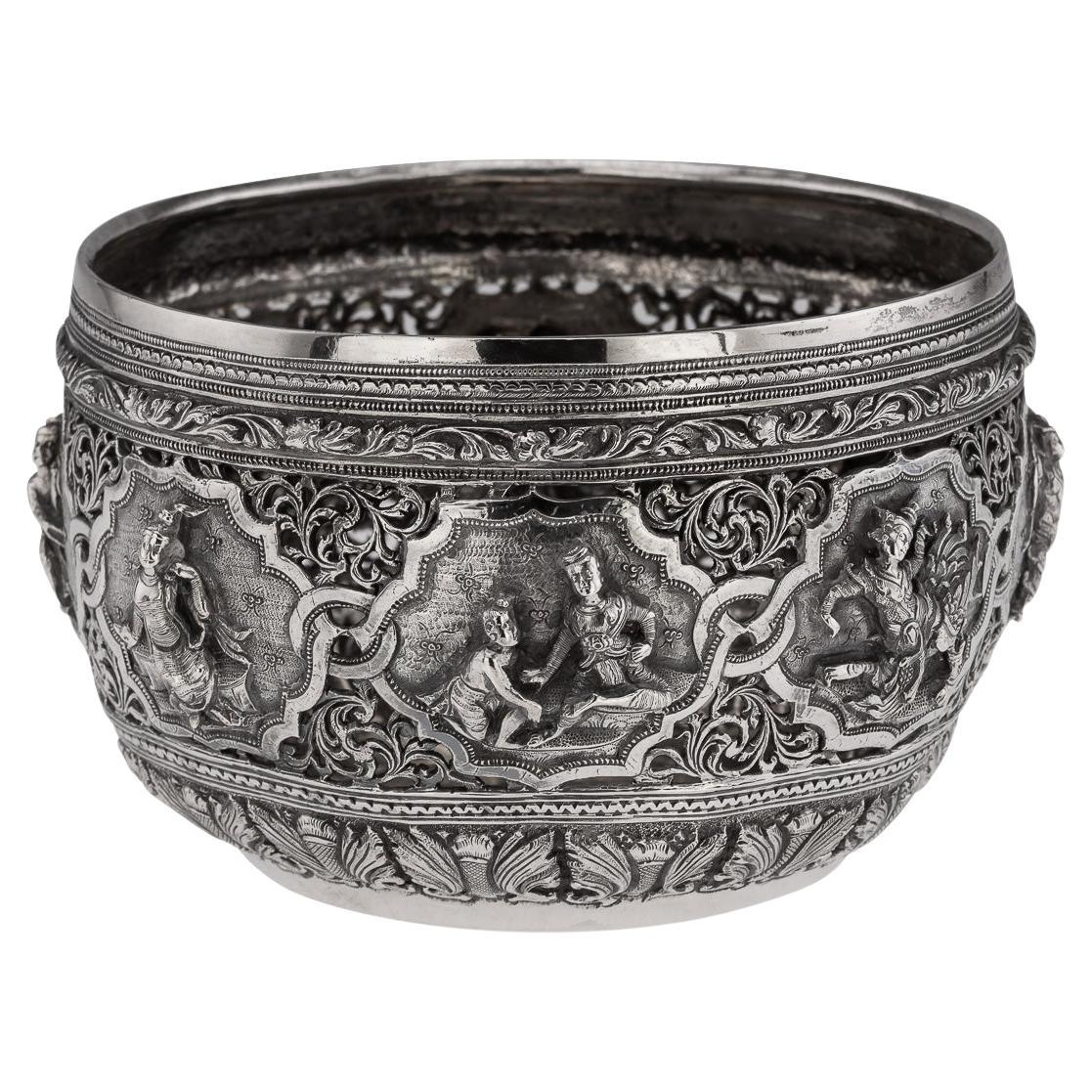 Antiguo cuenco birmano del siglo XX Maung Yin Maung de plata maciza, Rangún c.1905