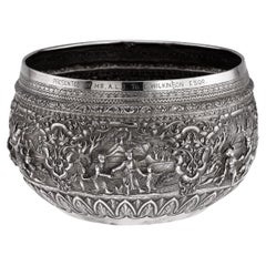 Antique 20th Century Burmese Repoussé Solid Silver "Jataka Tales" Bowl c.1900