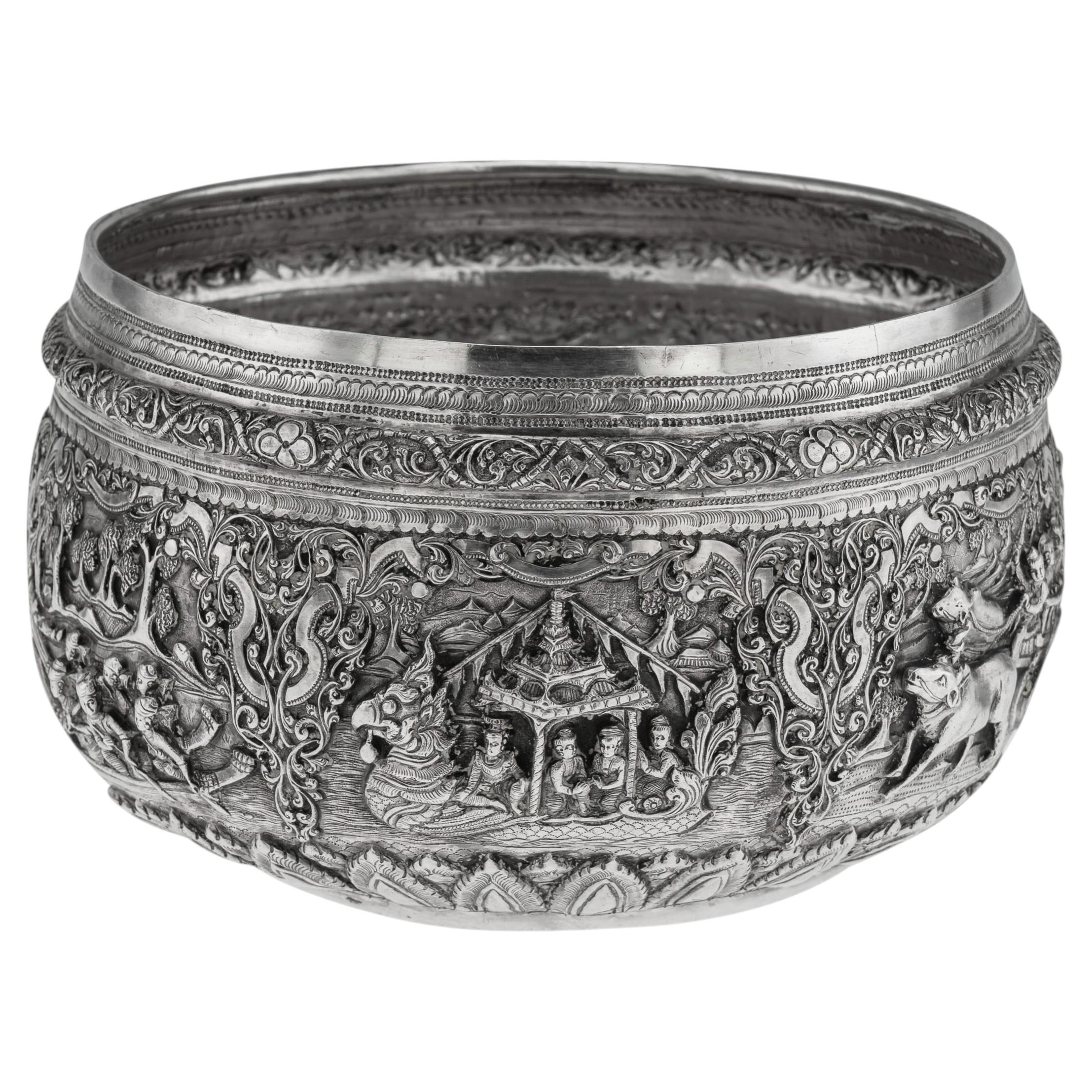 Antique 20th Century Burmese Repoussé Solid Silver "Jataka Tales" Bowl c.1910