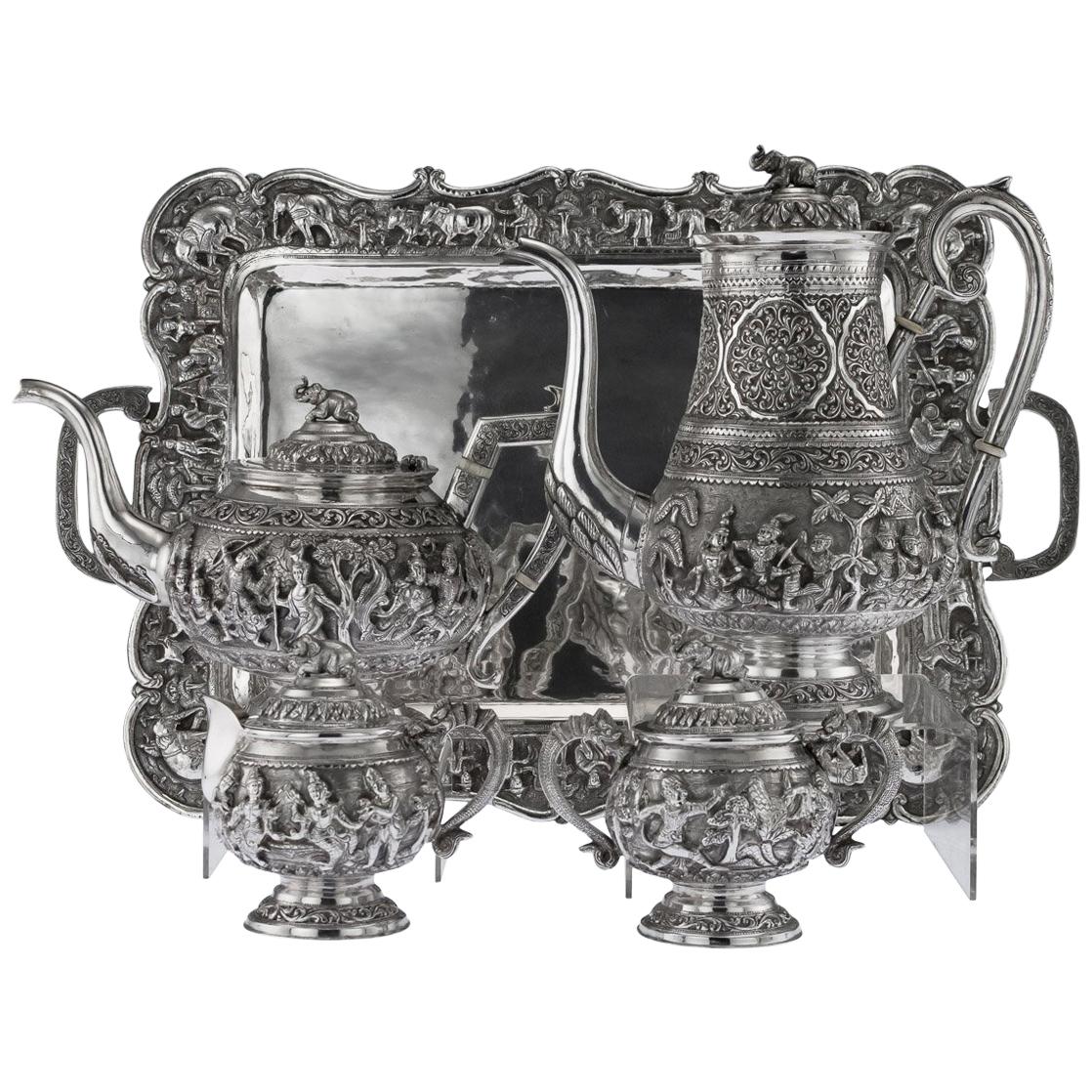 Antique 20th Century Burmese Solid Silver Tea and Coffee Set on Tray, circa 1920