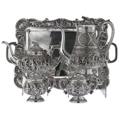 Antique 20th Century Burmese Solid Silver Tea and Coffee Set on Tray, circa 1920