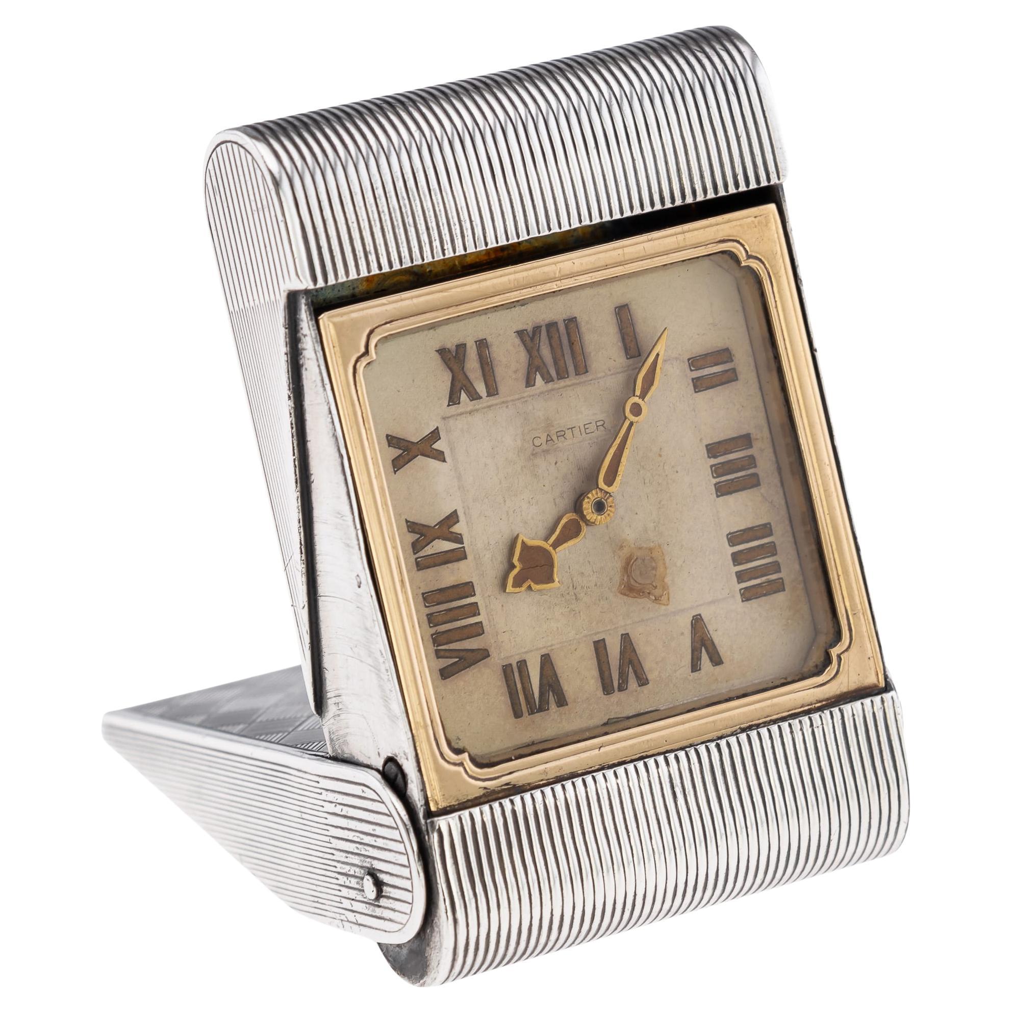 Antique 20th Century Cartier Solid Silver Travel Clock c.1908 For Sale