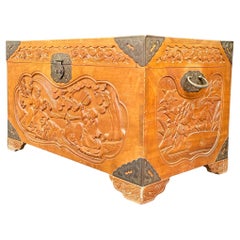 Antique 20th Century Carved Camphorwood Chinese Campaign Chest Trunk w/ Rooster