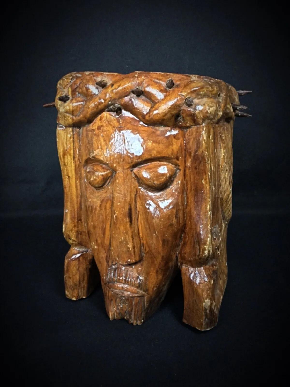Antique 20th Century Carved Wooden Christ Face with Crown of Thorns - 2Y254 For Sale 8