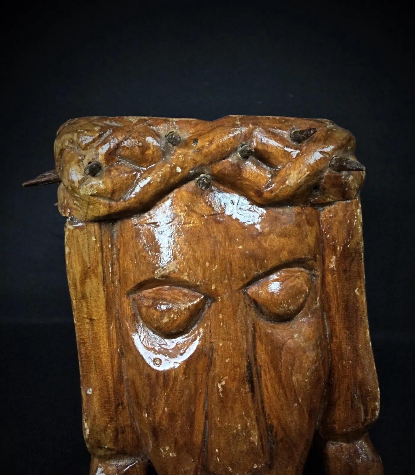 Antique 20th Century Carved Wooden Christ Face with Crown of Thorns - 2Y254 For Sale 2
