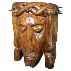Antique 20th Century Carved Wooden Christ Face with Crown of Thorns - 2Y254