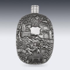 Antique Solid Silver Hip Flask, Chinese Export, Canton Circa 1900