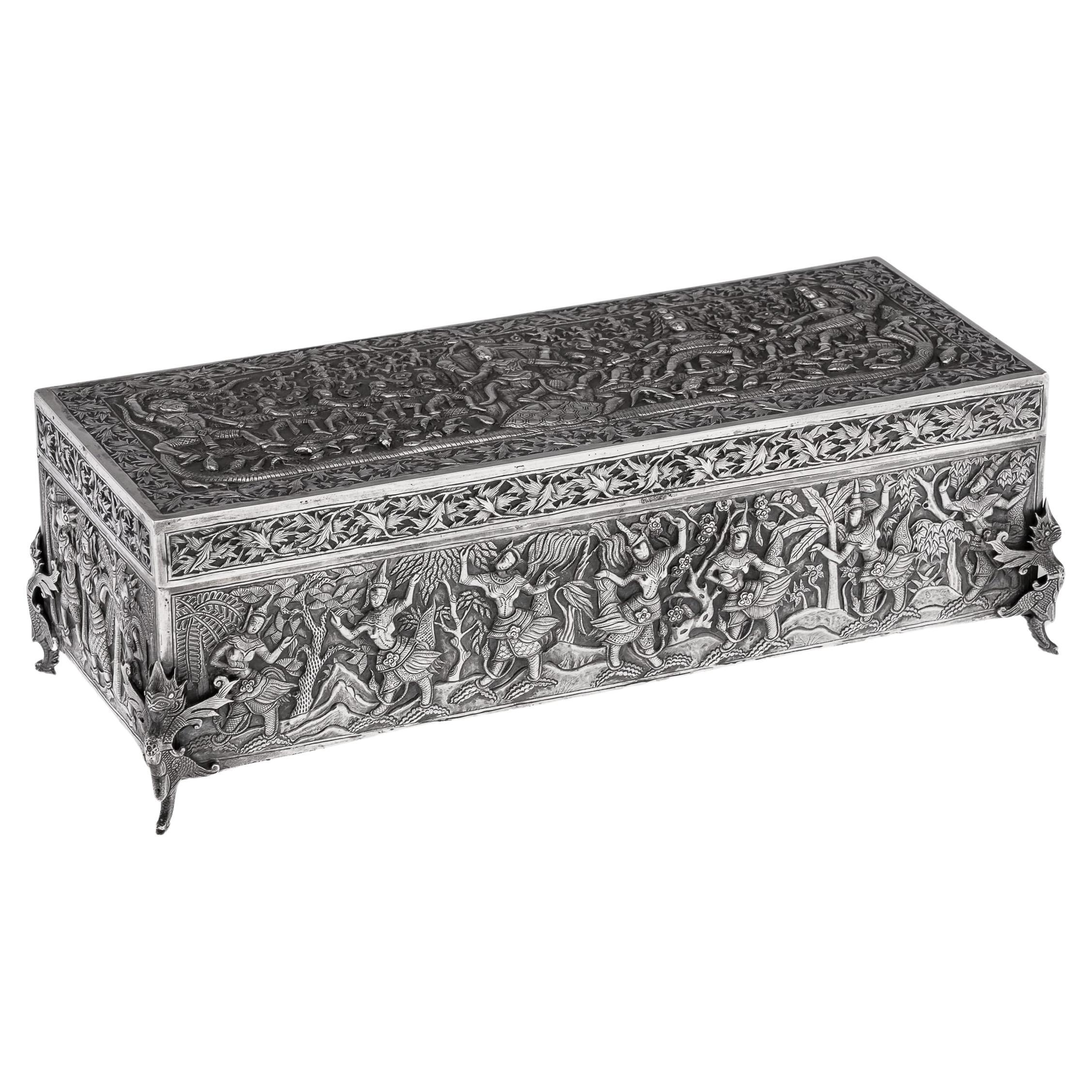 Antique 20th Century Chinese Export Solid Silver "Pandara Jataka" Box, Bao Xing For Sale