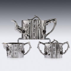 Antique 20th Century Chinese Export Solid Silver Three-Piece Tea Set on Tray