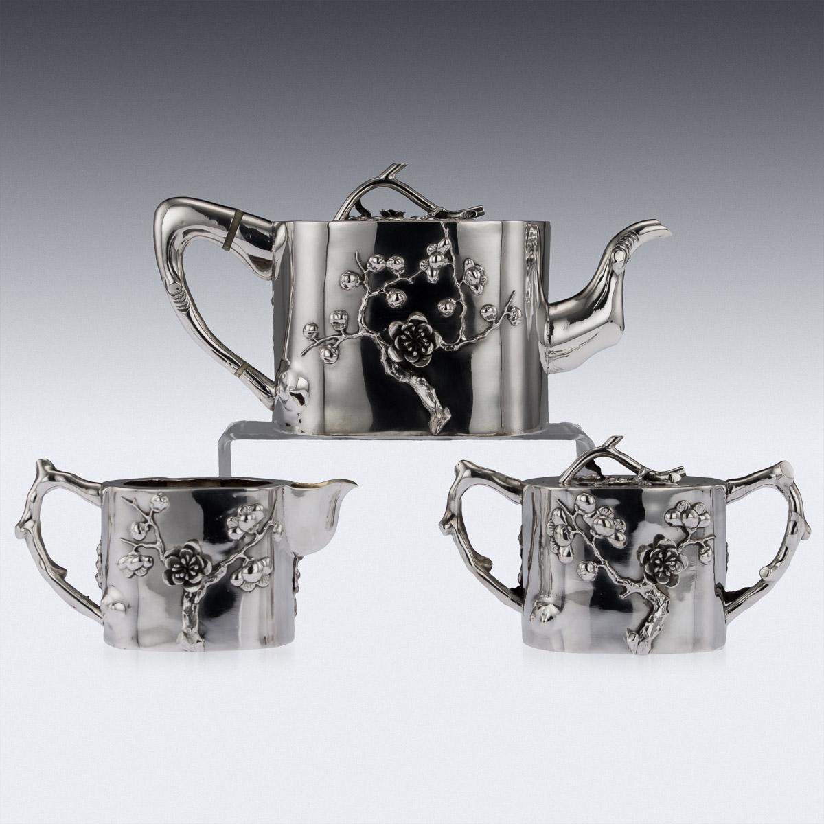 Antique 20th Century Chinese Export Solid Silver Three-Piece Tea Set on Tray 1