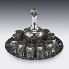 Antique 20th Century Chinese Solid Silver Dragon Sake Set on Tray, circa 1910