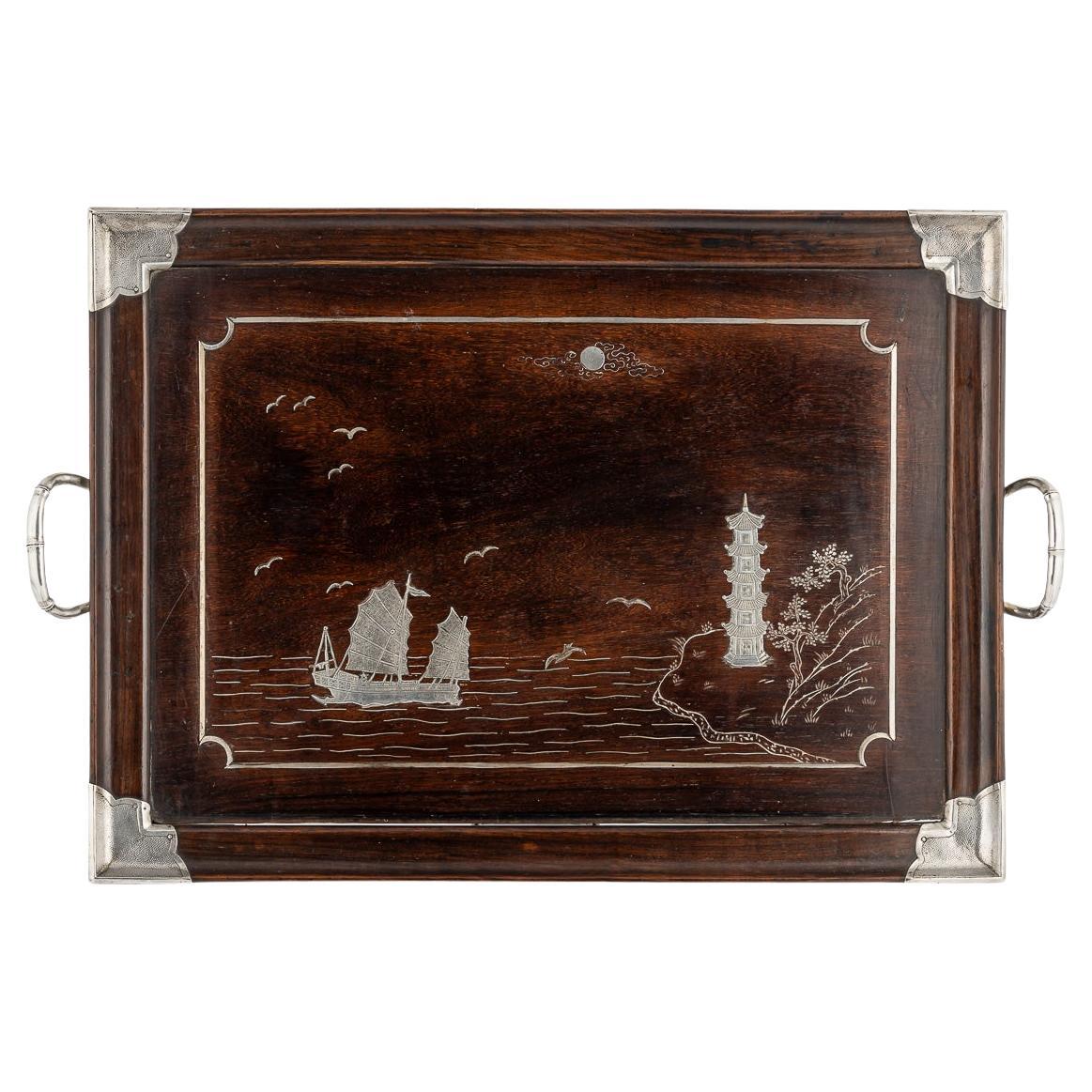 Antico vassoio da tè cinese del XX secolo in argento massiccio e legno, 1900 ca. in vendita