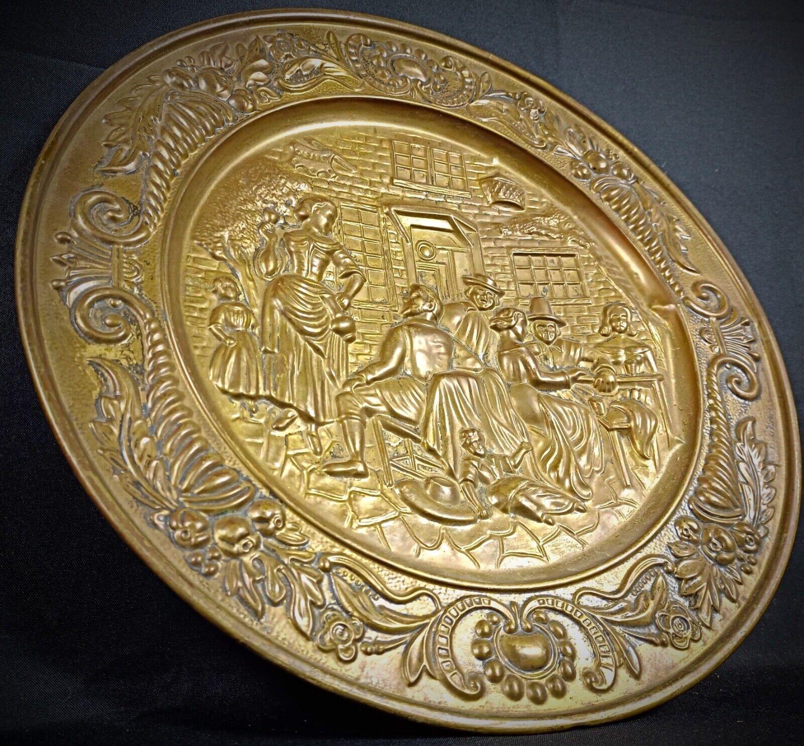 Empire Antique 20th Century Decorative Brass Plate - Repoussé Tavern Scene - 2Y125