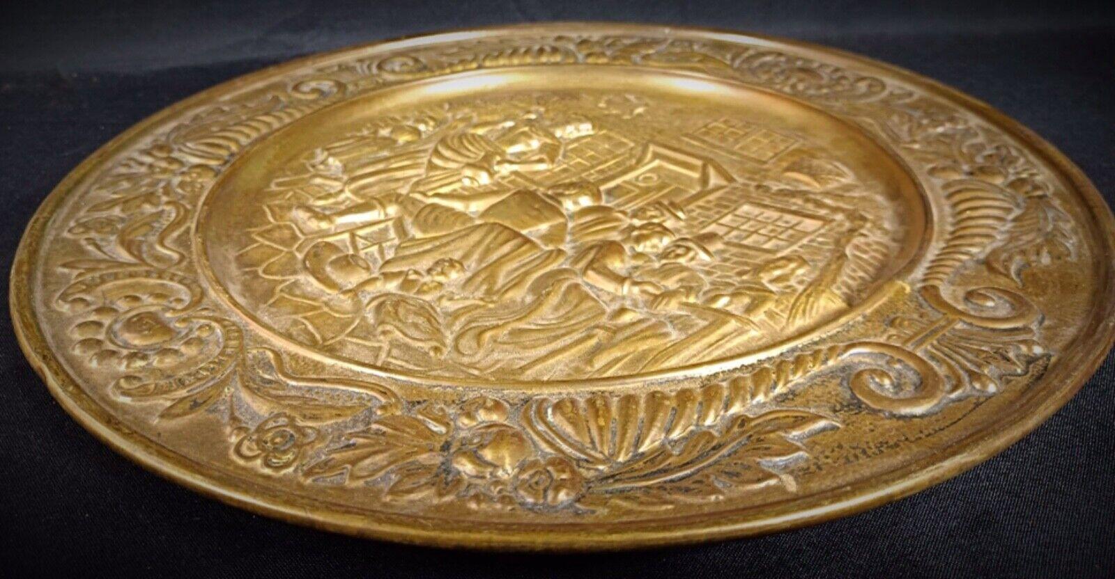 French Antique 20th Century Decorative Brass Plate - Repoussé Tavern Scene - 2Y125