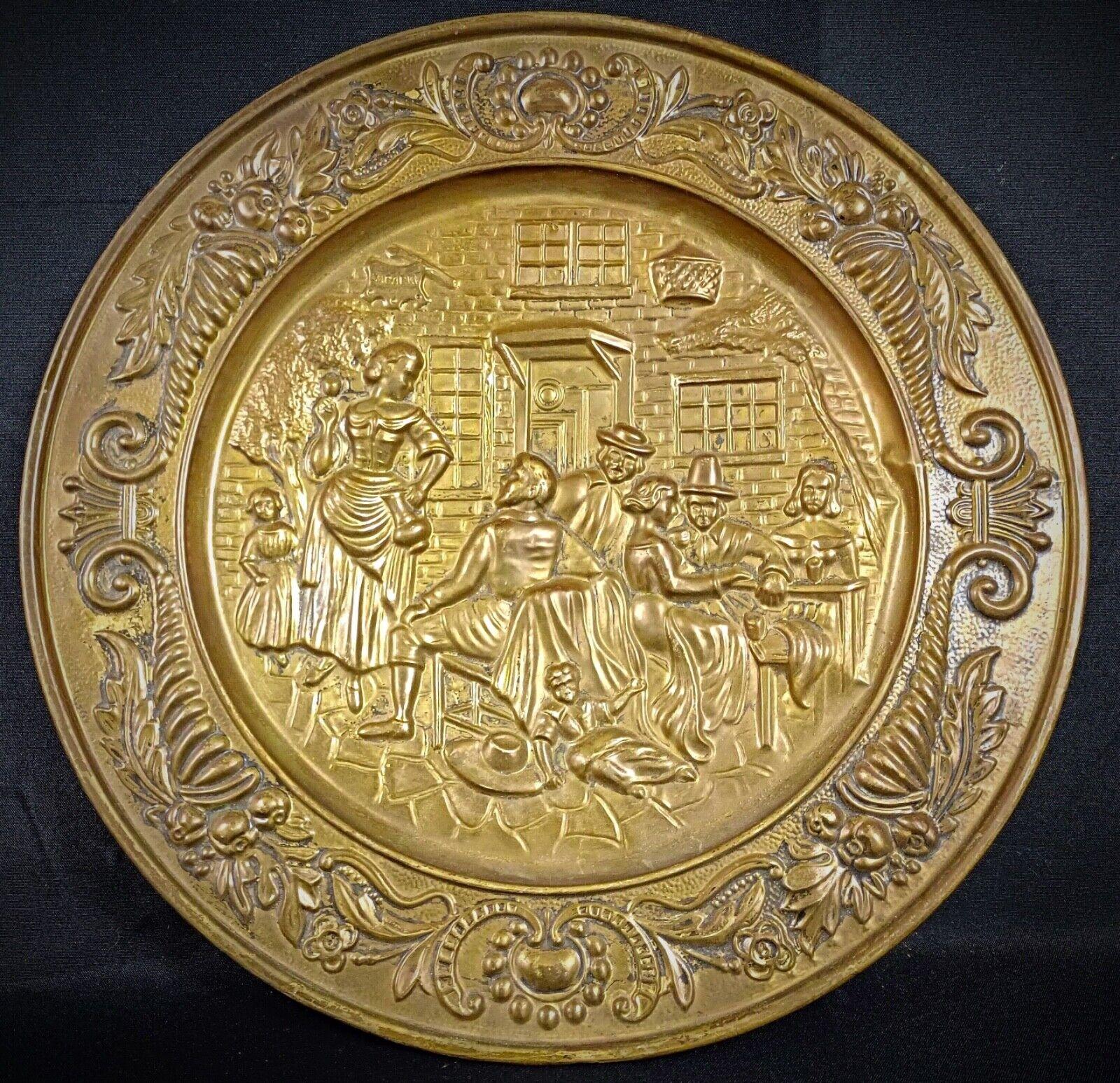 Antique 20th Century Decorative Brass Plate - Repouss�é Tavern Scene - 2Y125 3