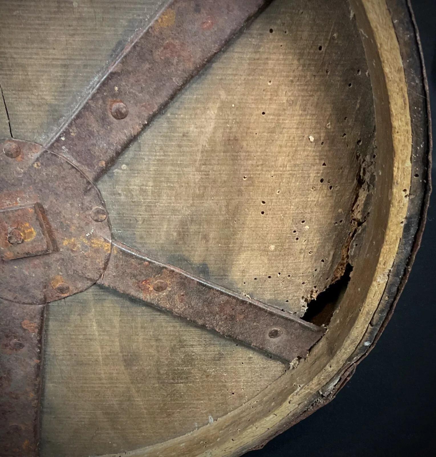 Type: Grain Measure, Double Decaliter
Material: Wood with Wrought Iron
Period: 20th Century Design
Origin: France
Condition:
Sold in original, unrestored condition
Some wormholes (vrillettes) in the wood
Hole present on the underside
Rust on the