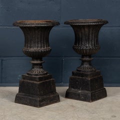 Antique 20th Century Edwardian Pair Of Black Cast Iron Garden Urns c.1910