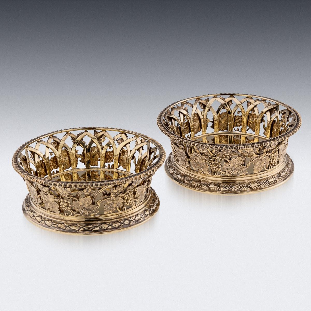English Antique 20th Century Edwardian Silver Gilt Pair Of Wine Coasters, London c.1904 For Sale