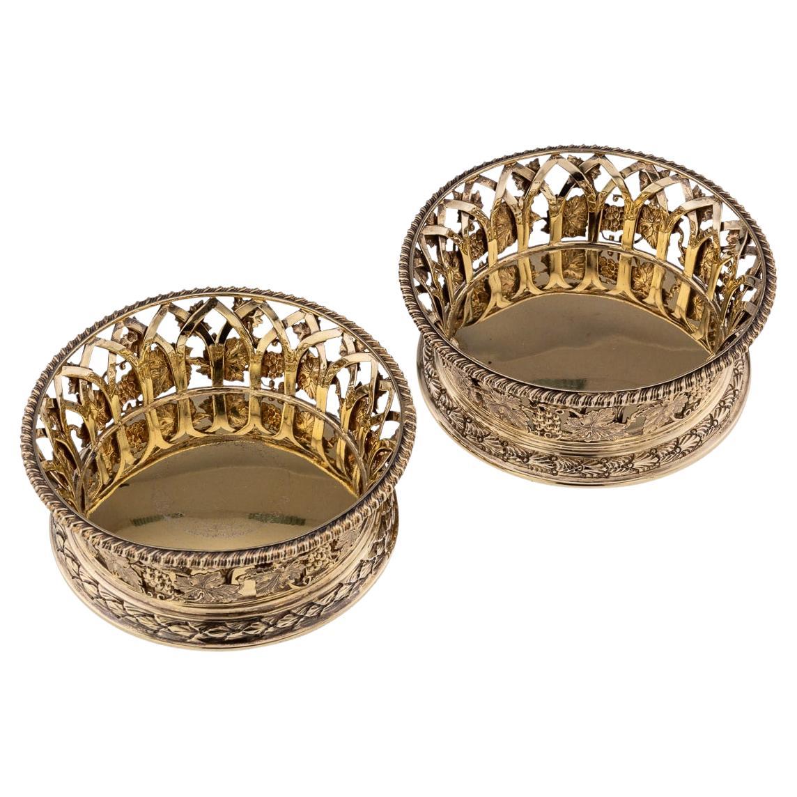 Antique 20th Century Edwardian Silver Gilt Pair Of Wine Coasters, London c.1904 For Sale