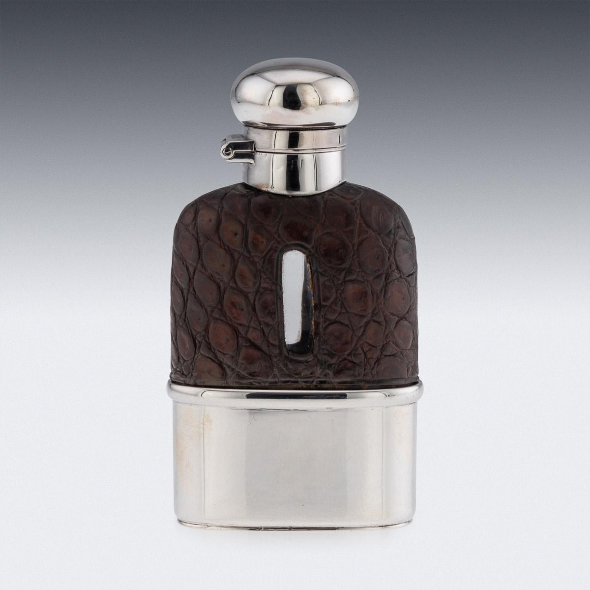 Other Antique 20th Century Edwardian Solid Silver & Crocodile Leather Hip Flask c.1911