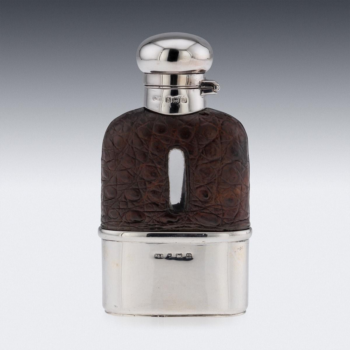 British Antique 20th Century Edwardian Solid Silver & Crocodile Leather Hip Flask c.1911 For Sale