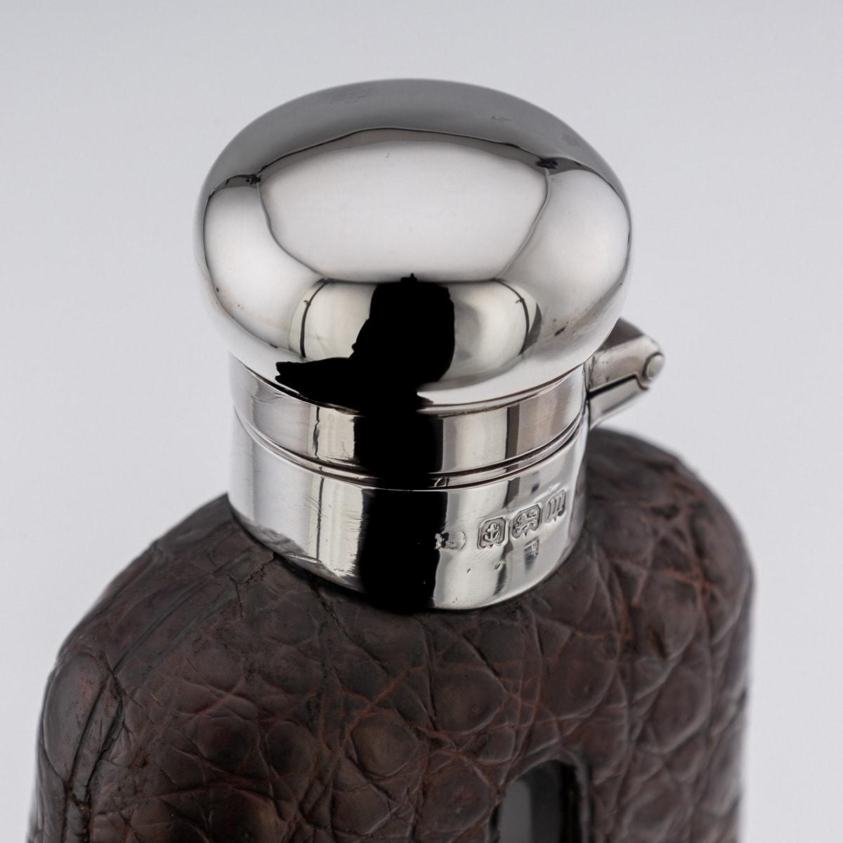 Early 20th Century Antique 20th Century Edwardian Solid Silver & Crocodile Leather Hip Flask c.1911 For Sale