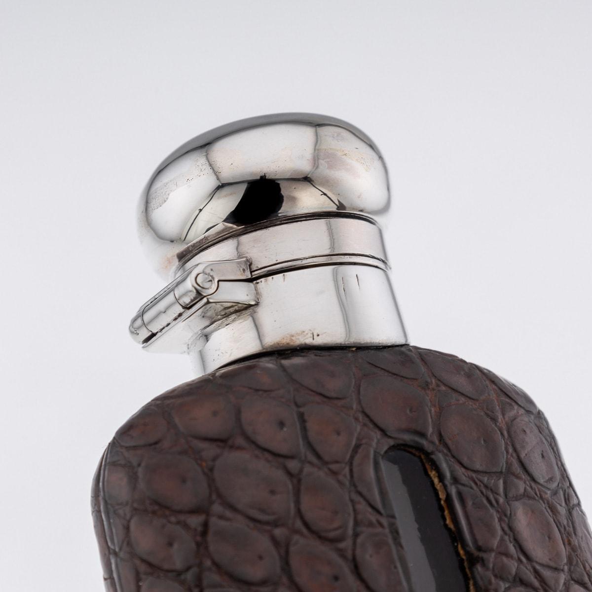 Antique 20th Century Edwardian Solid Silver & Crocodile Leather Hip Flask c.1911 For Sale 1
