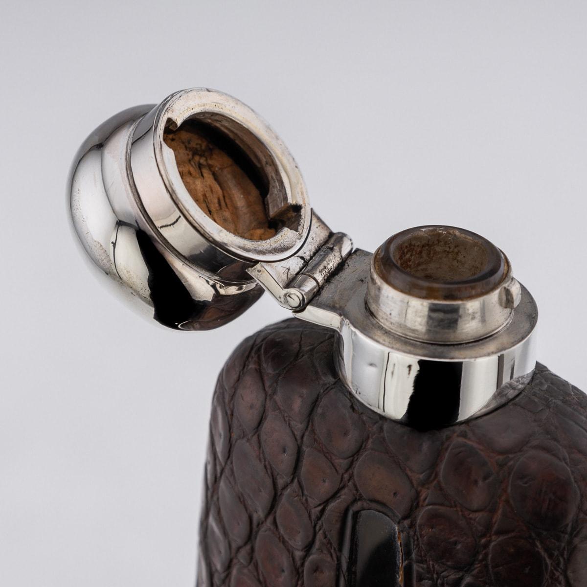 Antique 20th Century Edwardian Solid Silver & Crocodile Leather Hip Flask c.1911 For Sale 2