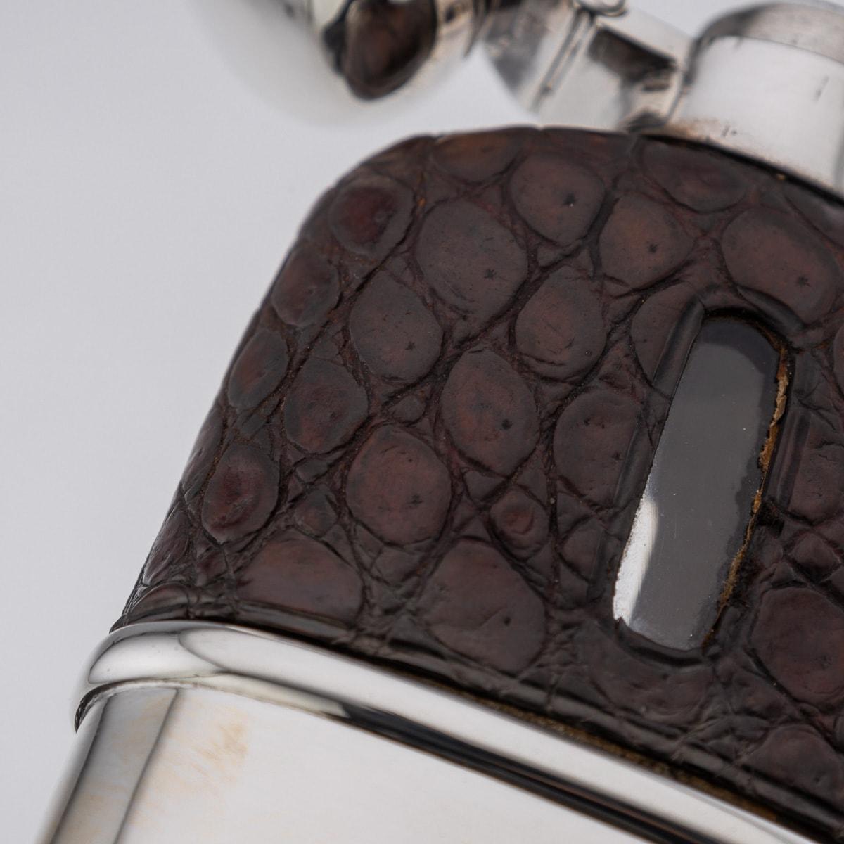 Antique 20th Century Edwardian Solid Silver & Crocodile Leather Hip Flask c.1911 3