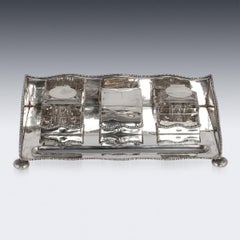 Antiguo juego de escritorio de tintero eduardiano de plata maciza del siglo XX, Chester c.1908