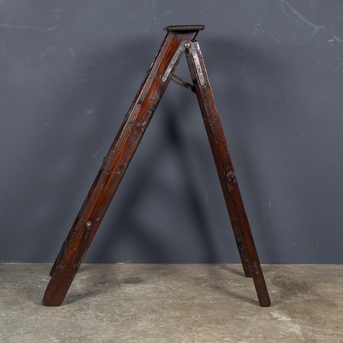 British Antique 20th Century Edwardian Wooden Safety Ladder c.1910 For Sale