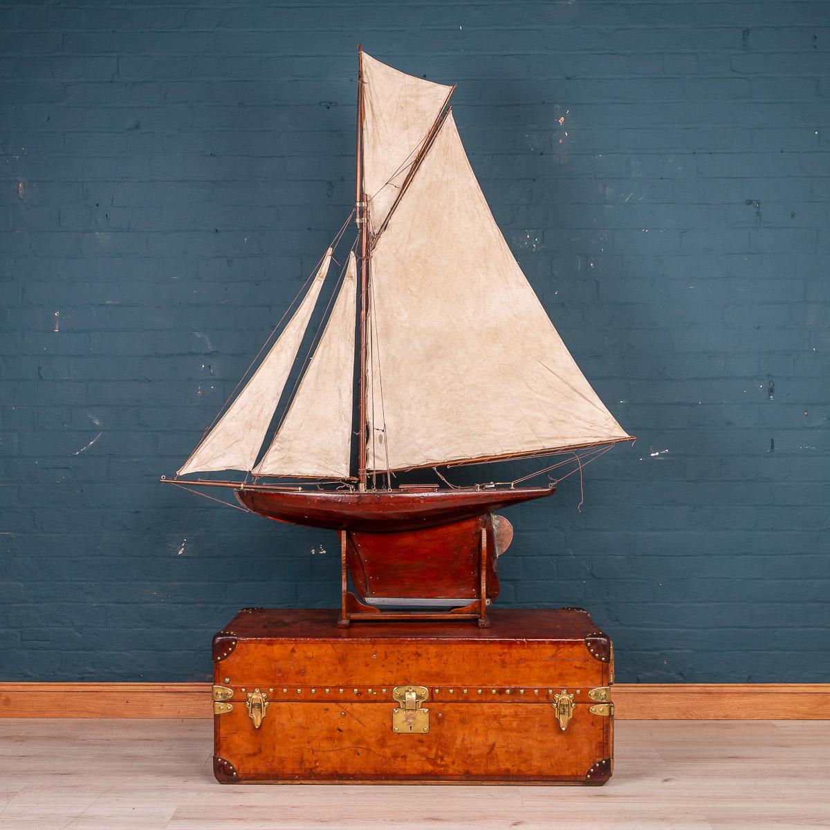 Antique 20th century English Gaff Cutter pond yacht, planked on wooden frame dating to the first half of the 20th century. The yacht is an example of British pond racing yacht and would have raced against similar yachts in competitions, club against