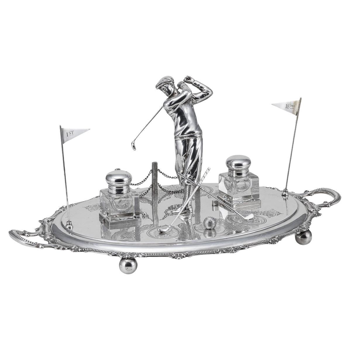 Antico calamaio da golf inglese del XX secolo, placcato in argento, c.1920 in vendita