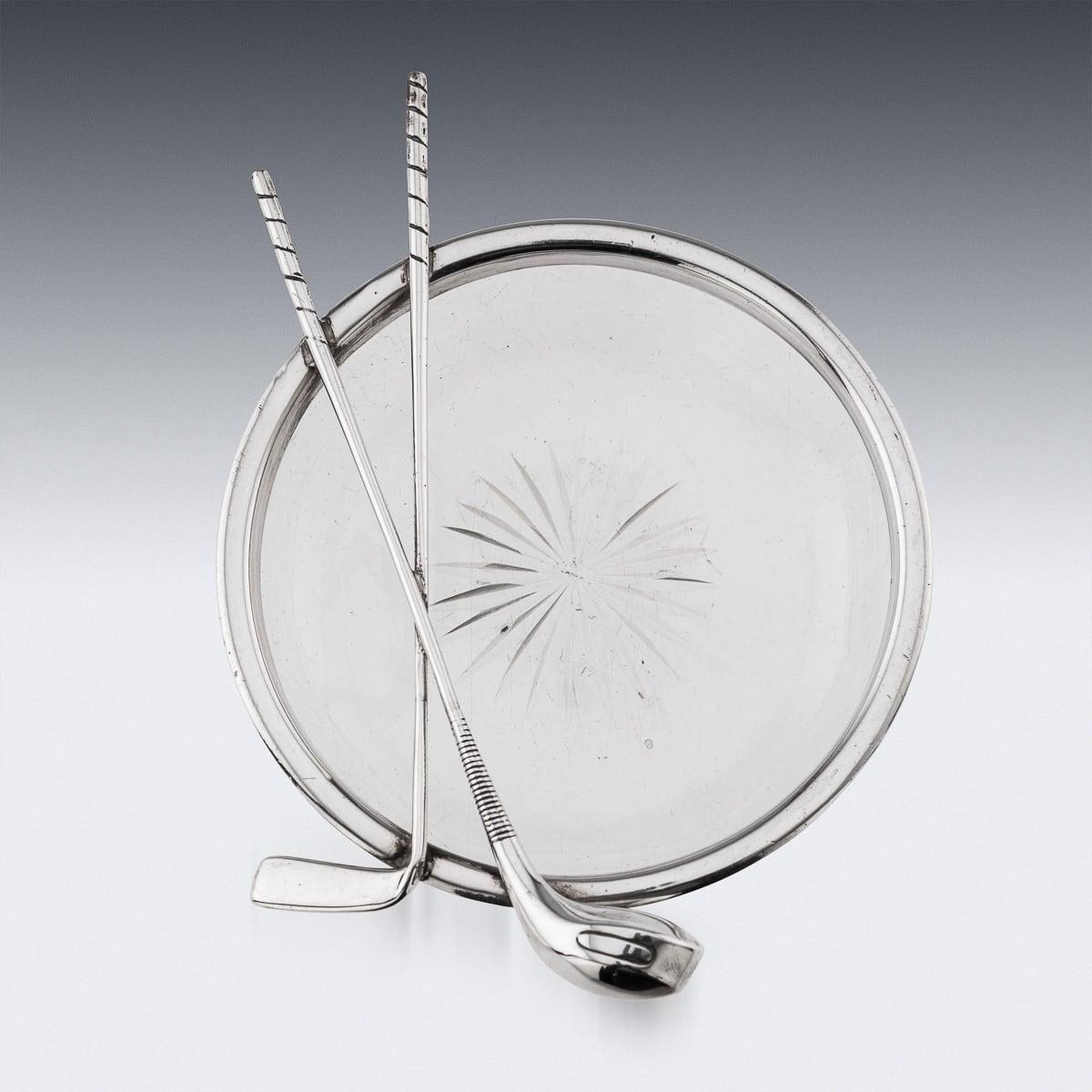Cenicero inglés antiguo del siglo XX de plata maciza y cristal tallado con tema de golf c.1911 Otro en venta