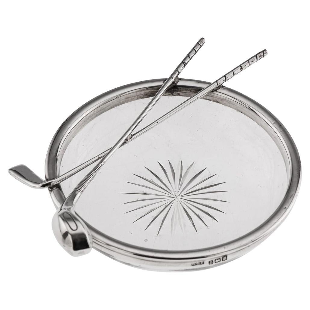 Cenicero inglés antiguo del siglo XX de plata maciza y cristal tallado con tema de golf c.1911 en venta