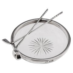 Cenicero inglés antiguo del siglo XX de plata maciza y cristal tallado con tema de golf c.1911