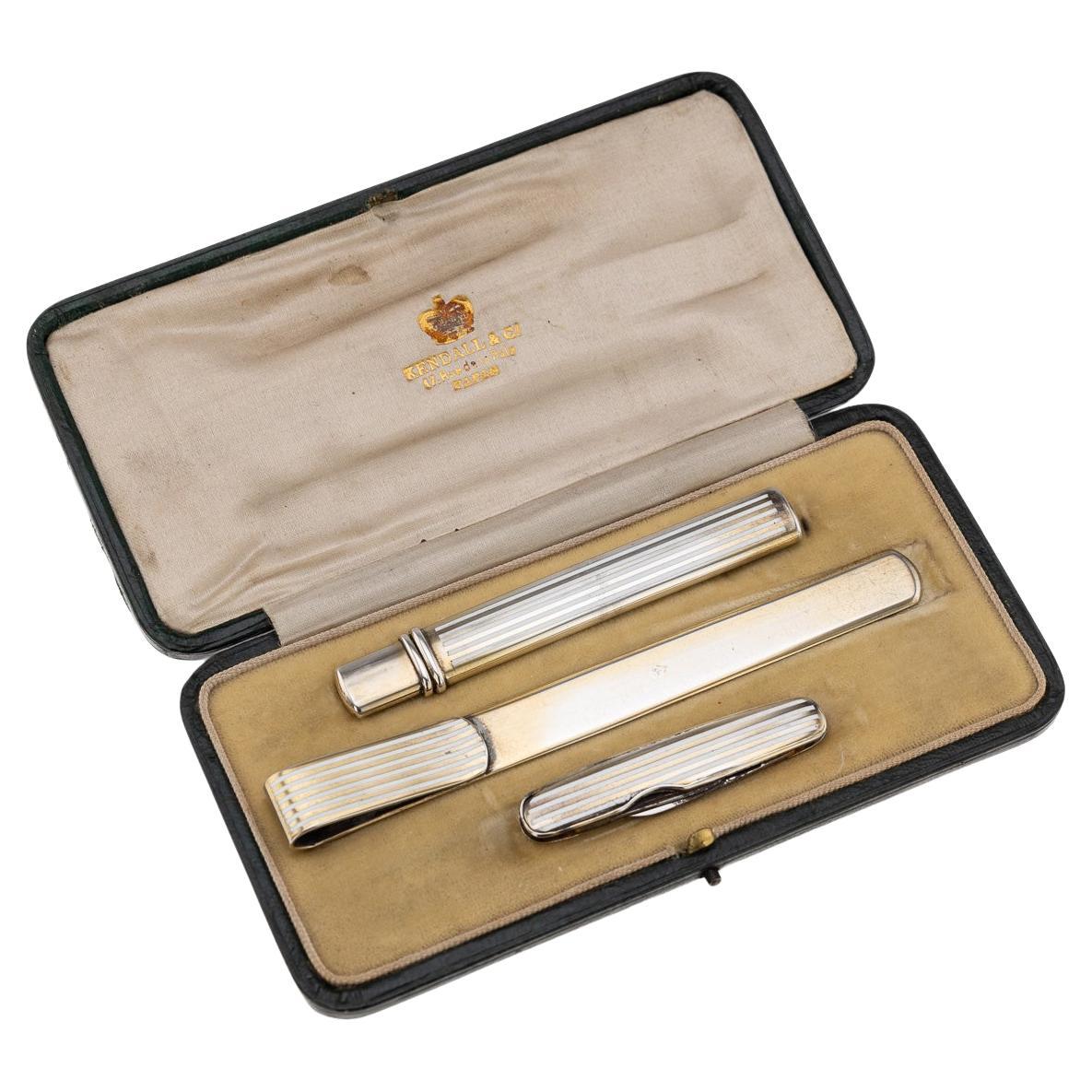 Antique 20th Century English Solid Silver & Enamel Desk Accessory Set c.1912