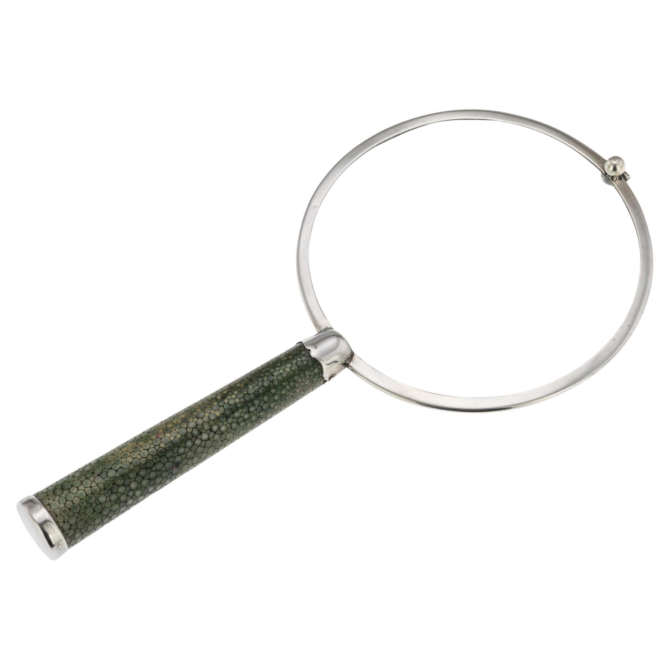 Antique 20th Century English Solid Silver & Shagreen Magnifying Glass c.1911