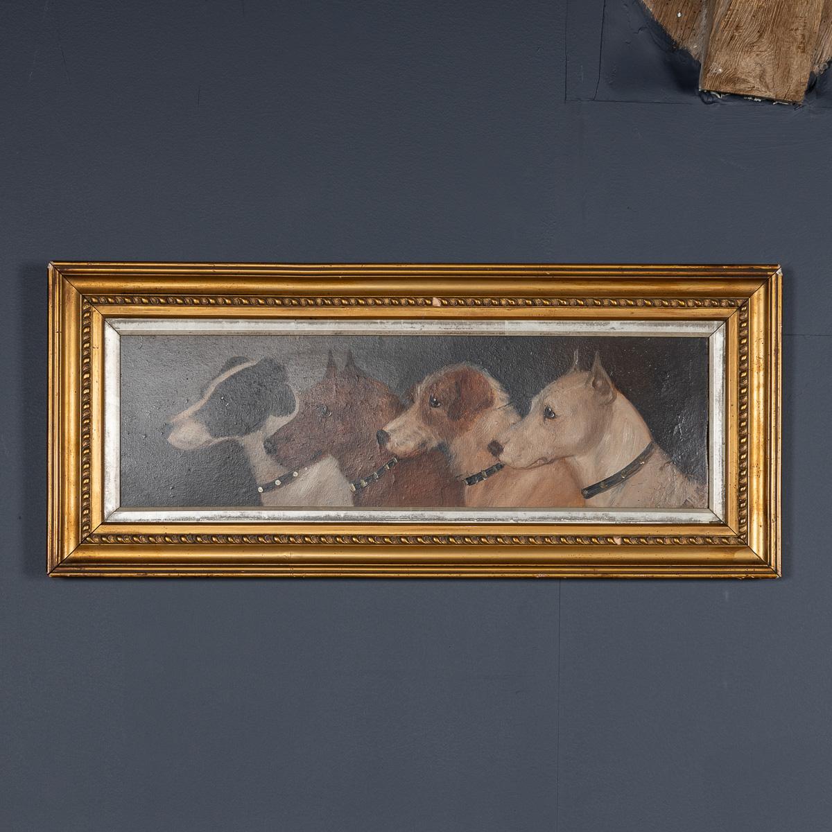 Antikes Ölgemälde des 20. Jahrhunderts mit einer schönen Sammlung von vier englischen Terrierköpfen auf Karton, gerahmt in einem goldenen Holzrahmen. Das Stück ist unsigniert. Dieses unverwechselbare Kunstwerk ist so vielseitig, dass es in jedes