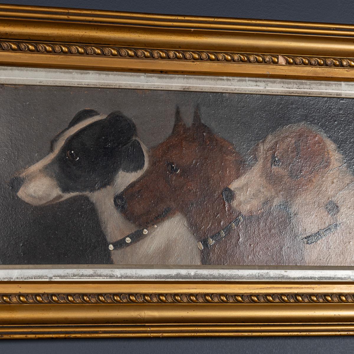 Antikes gerahmtes englisches Ölgemälde des 20. Jahrhunderts mit vier Jagdhunden, um 1910 (Europäisch) im Angebot