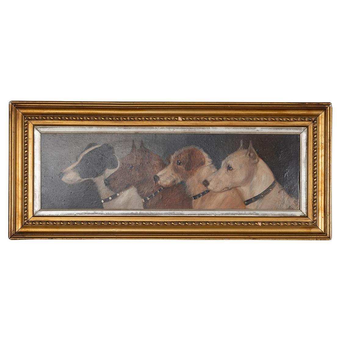 Antique 20th Century Framed English Oil Painting Of Four Hunting Terriers c.1910