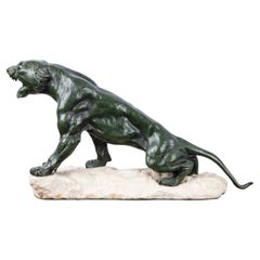 Antiguo Art Decó francés del siglo XX Jaguar de bronce sobre base de piedra, Eugene Cartier
