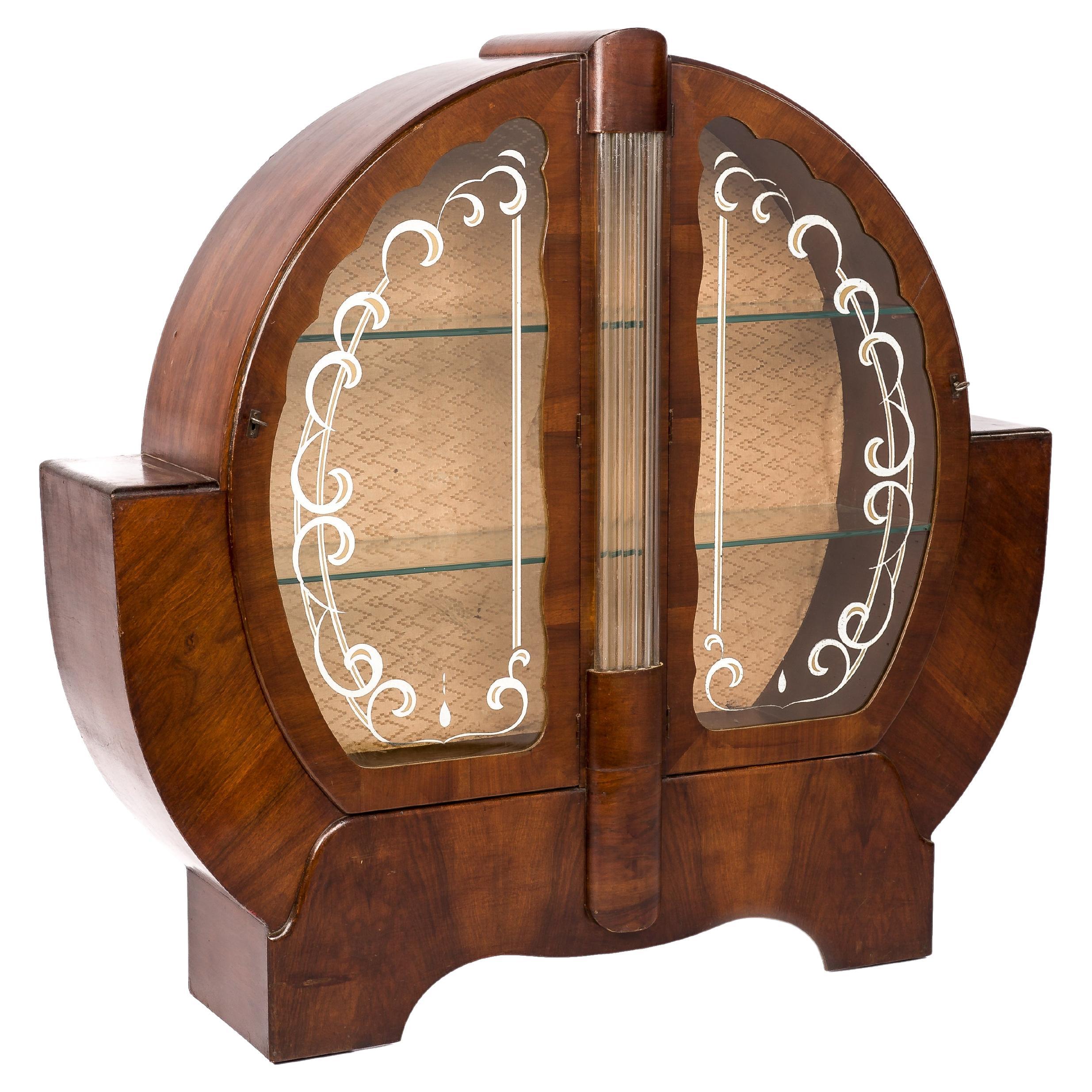 Antique 20th-Century French Art Deco Mahogany Veneered Display or Bar Cabinet