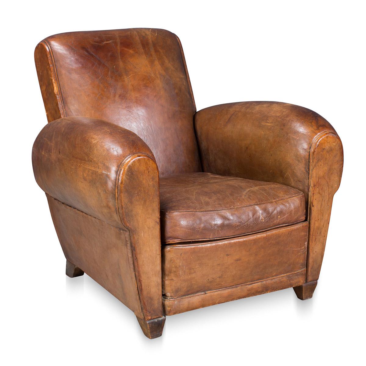 One of the most desirable models of chair, this French leather armchair dates back to the early part of the 20th century. Now fully restored, it has great charm and character.
Condition

In great condition. Some scuffs and wear consistent with
