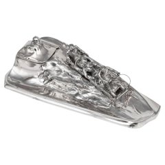 Used 20th Century German Silver Plated Toboggan Shaped Inkwell, Kayser c.1920