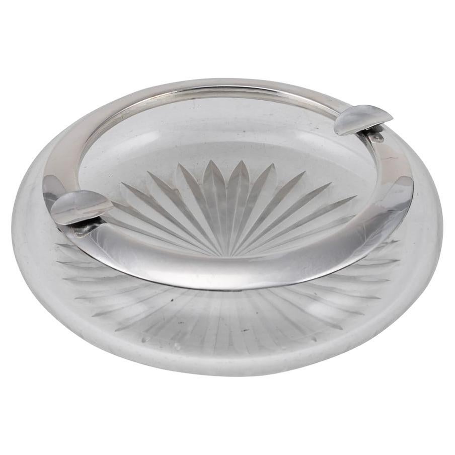 Antiguo cenicero alemán del siglo XX de plata maciza y cristal tallado para puros c.1910